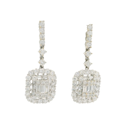 18k White Gold Natural Diamond Mosaic Rectangular Dangle Earrings