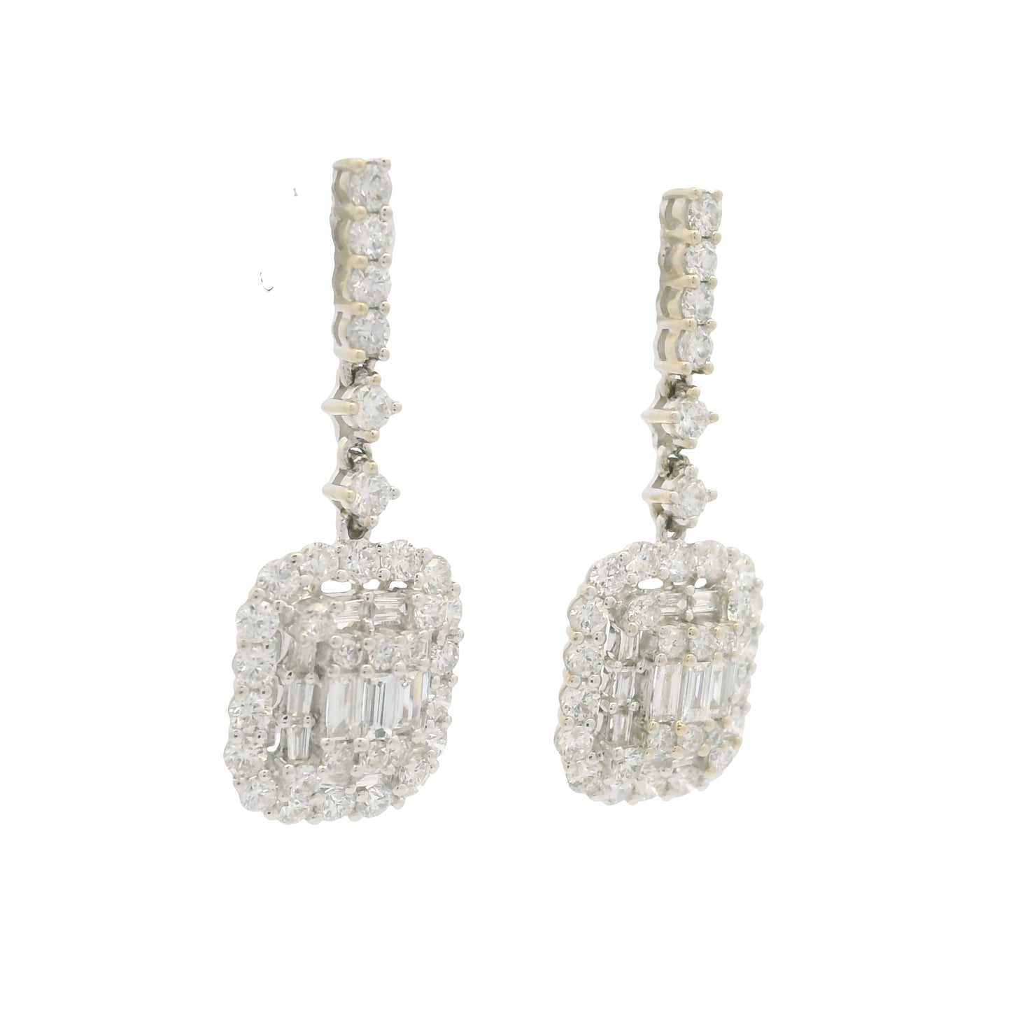 18k White Gold Natural Diamond Mosaic Rectangular Dangle Earrings