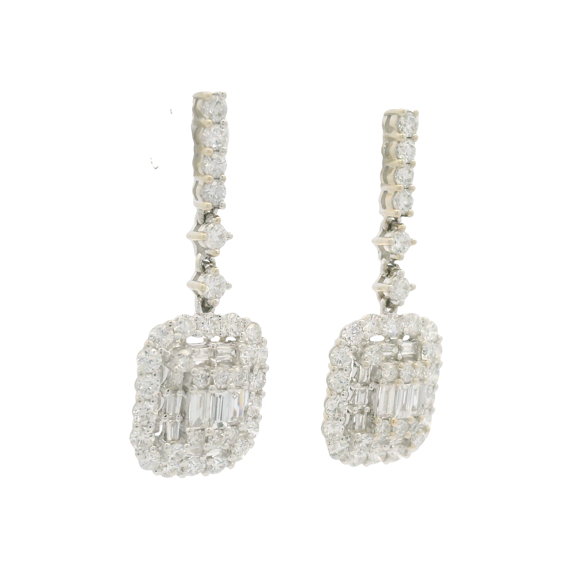 18k White Gold Natural Diamond Mosaic Rectangular Dangle Earrings