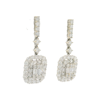 18k White Gold Natural Diamond Mosaic Rectangular Dangle Earrings