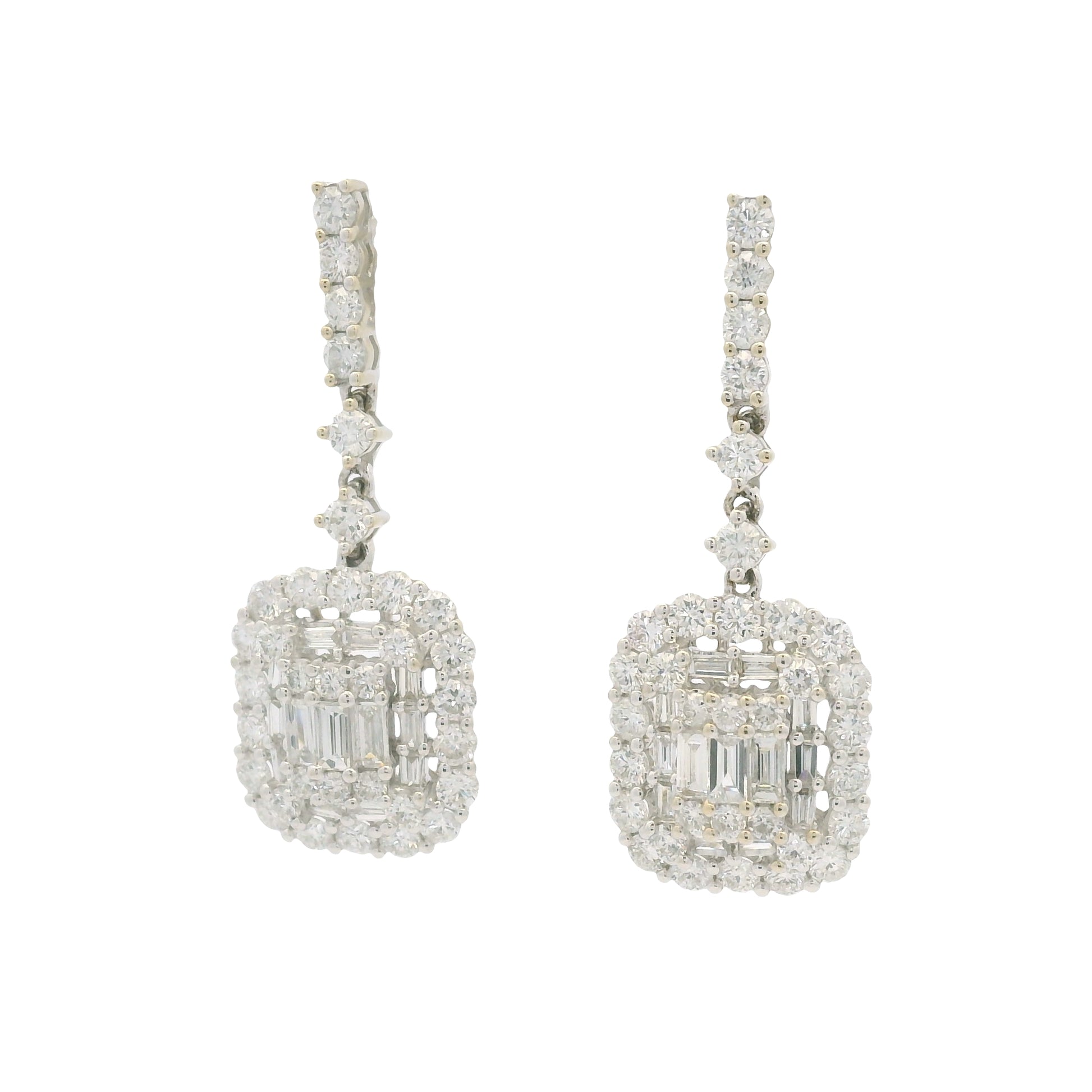 18k White Gold Natural Diamond Mosaic Rectangular Dangle Earrings