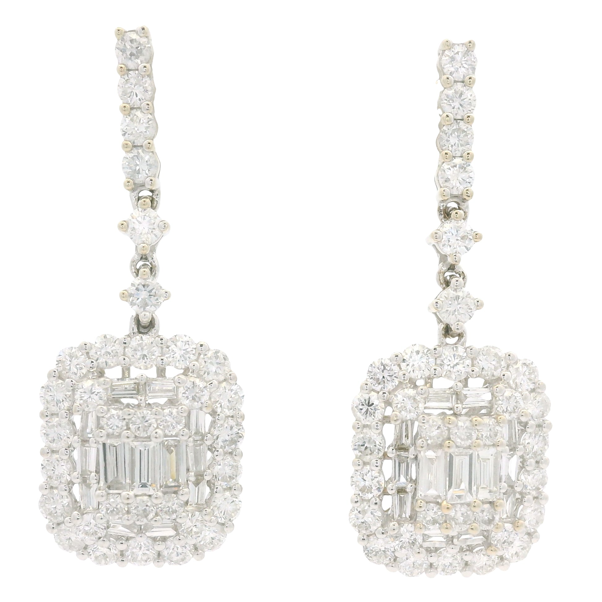 18k White Gold Natural Diamond Mosaic Rectangular Dangle Earrings