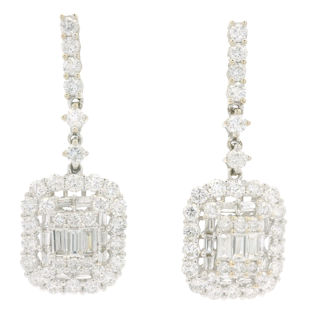 18k White Gold Natural Diamond Mosaic Rectangular Dangle Earrings