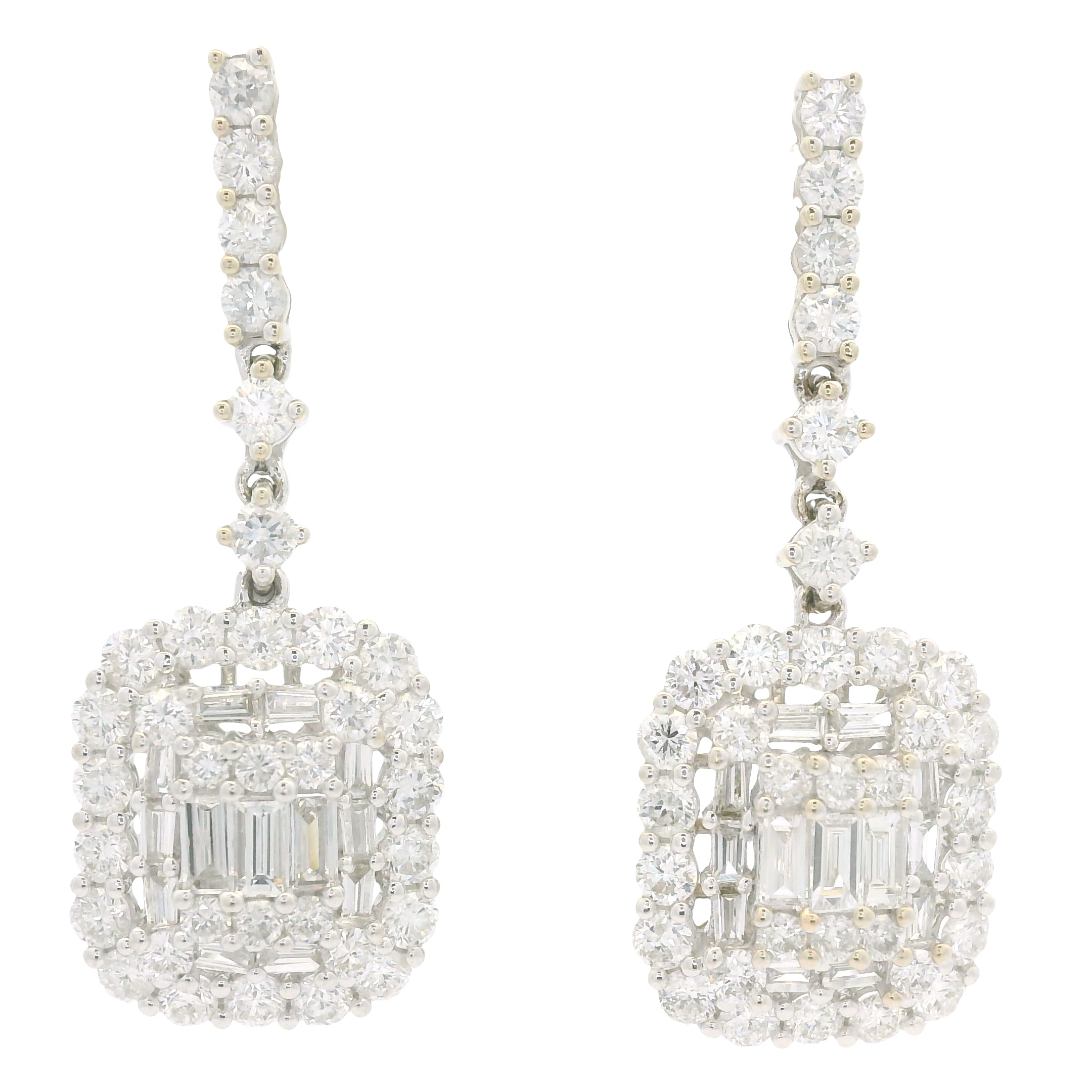 18k White Gold Natural Diamond Mosaic Rectangular Dangle Earrings