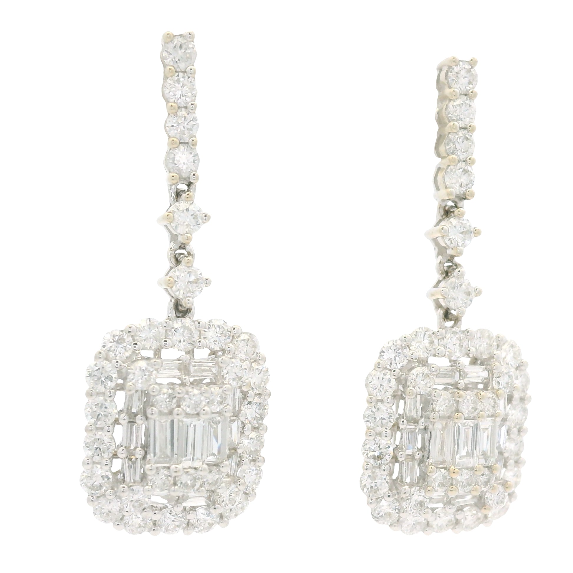 18k White Gold Natural Diamond Mosaic Rectangular Dangle Earrings
