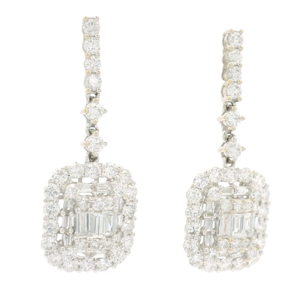 18k White Gold Natural Diamond Mosaic Rectangular Dangle Earrings