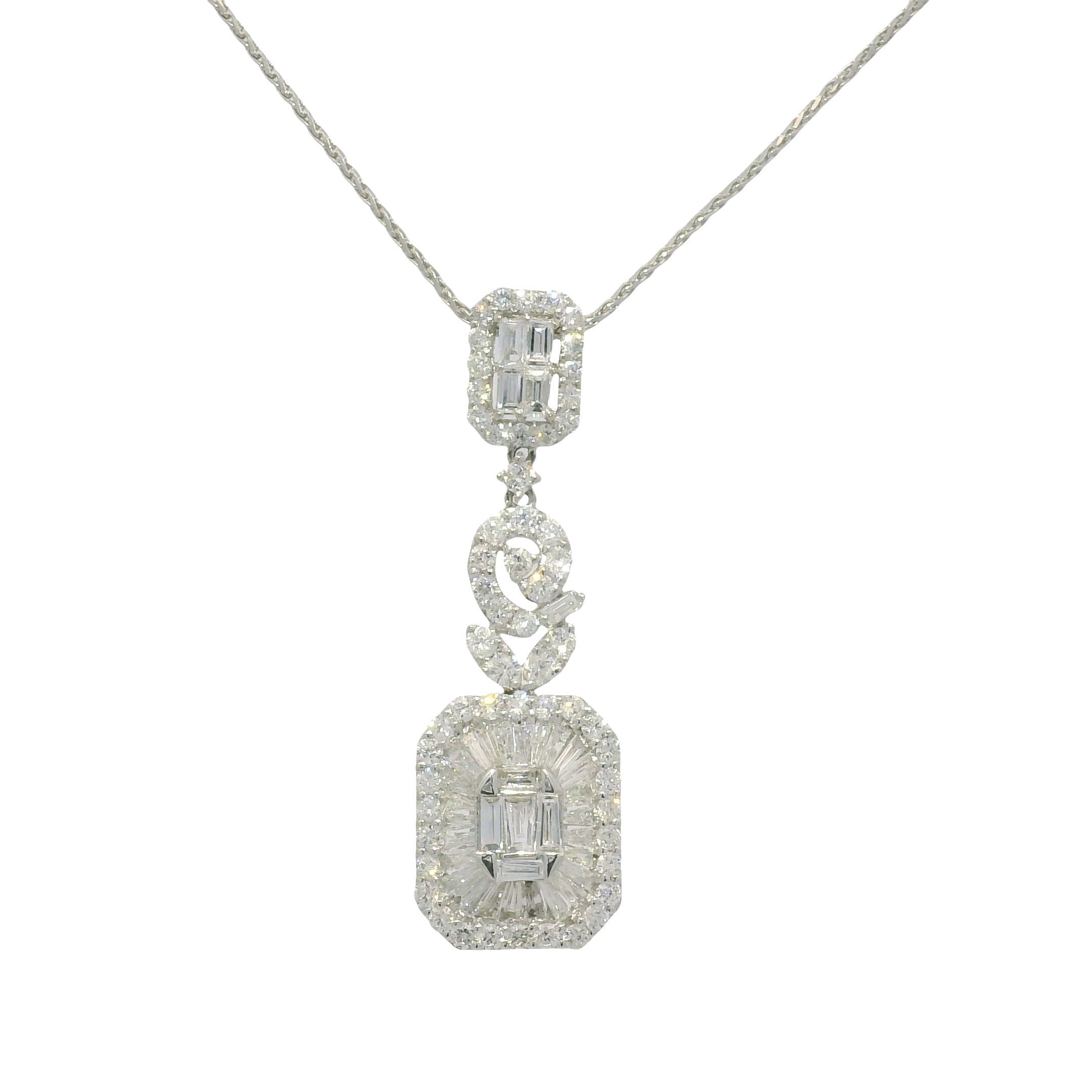 18k White Gold Natural Diamond Mosaic Multi-Shape Drop Pendant Necklace