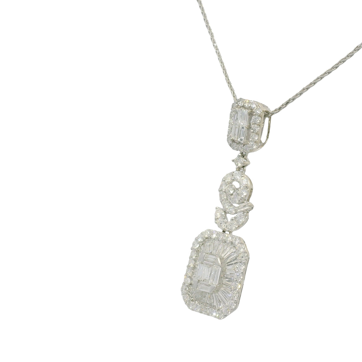 18k White Gold Natural Diamond Mosaic Multi-Shape Drop Pendant Necklace