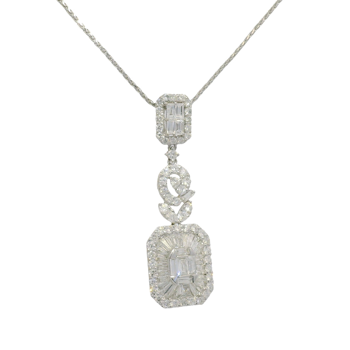 18k White Gold Natural Diamond Mosaic Multi-Shape Drop Pendant Necklace