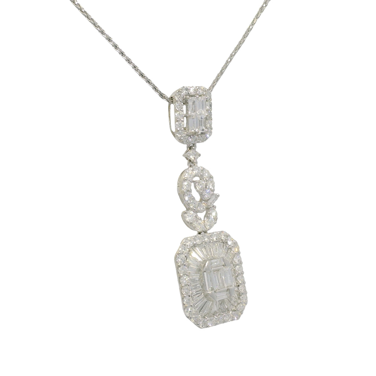 18k White Gold Natural Diamond Mosaic Multi-Shape Drop Pendant Necklace