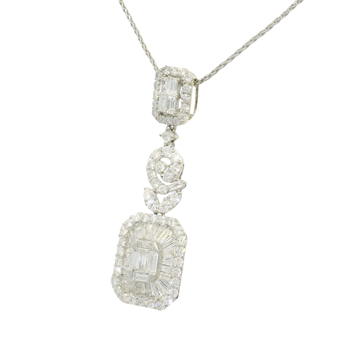 18k White Gold Natural Diamond Mosaic Multi-Shape Drop Pendant Necklace