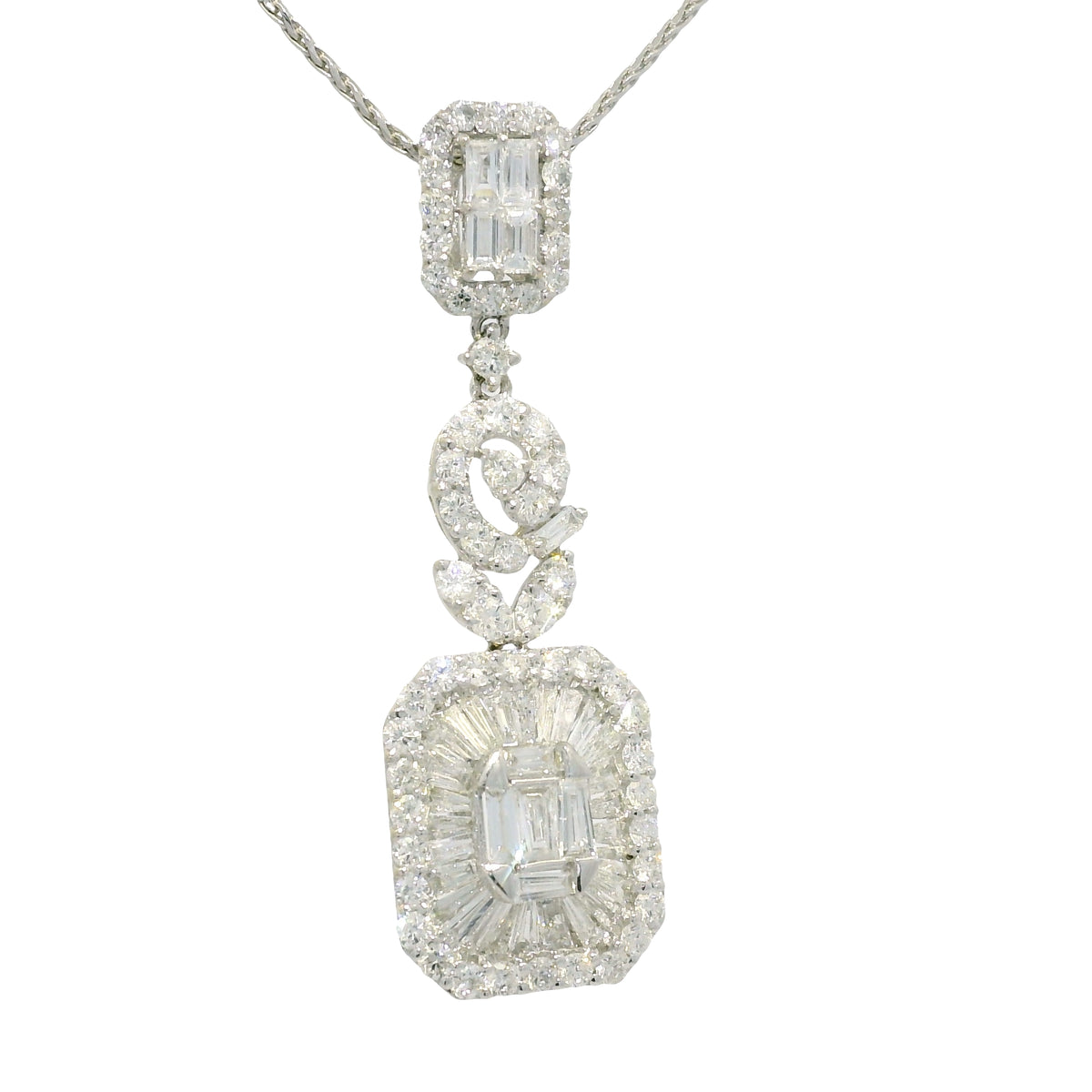 18k White Gold Natural Diamond Mosaic Multi-Shape Drop Pendant Necklace