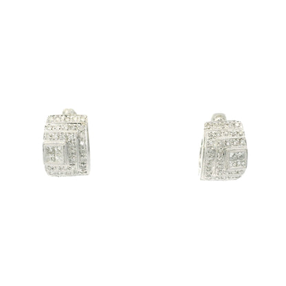 14k White Gold Natural Round Brilliant & Princess Cut Diamond Huggie Earrings