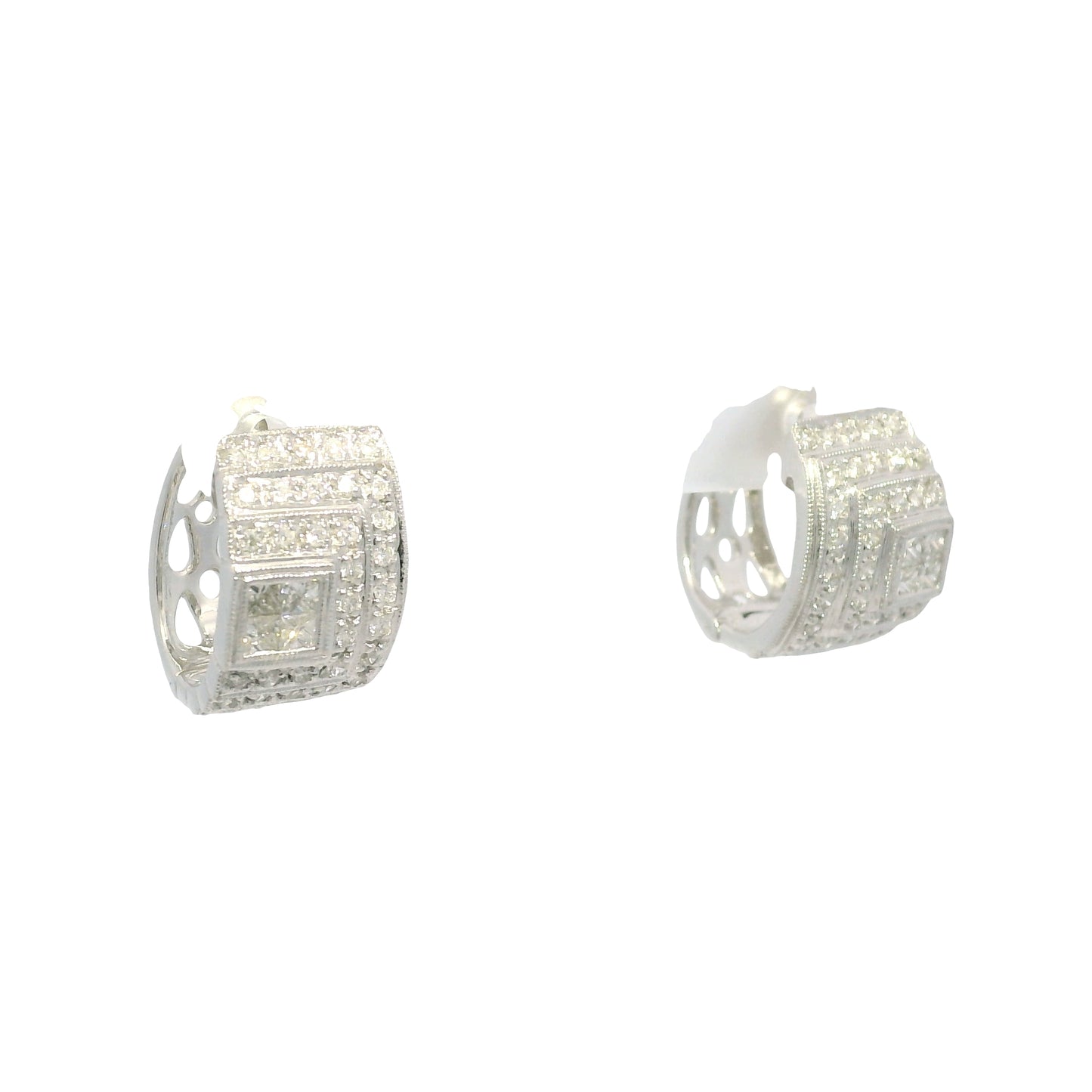 14k White Gold Natural Round Brilliant & Princess Cut Diamond Huggie Earrings