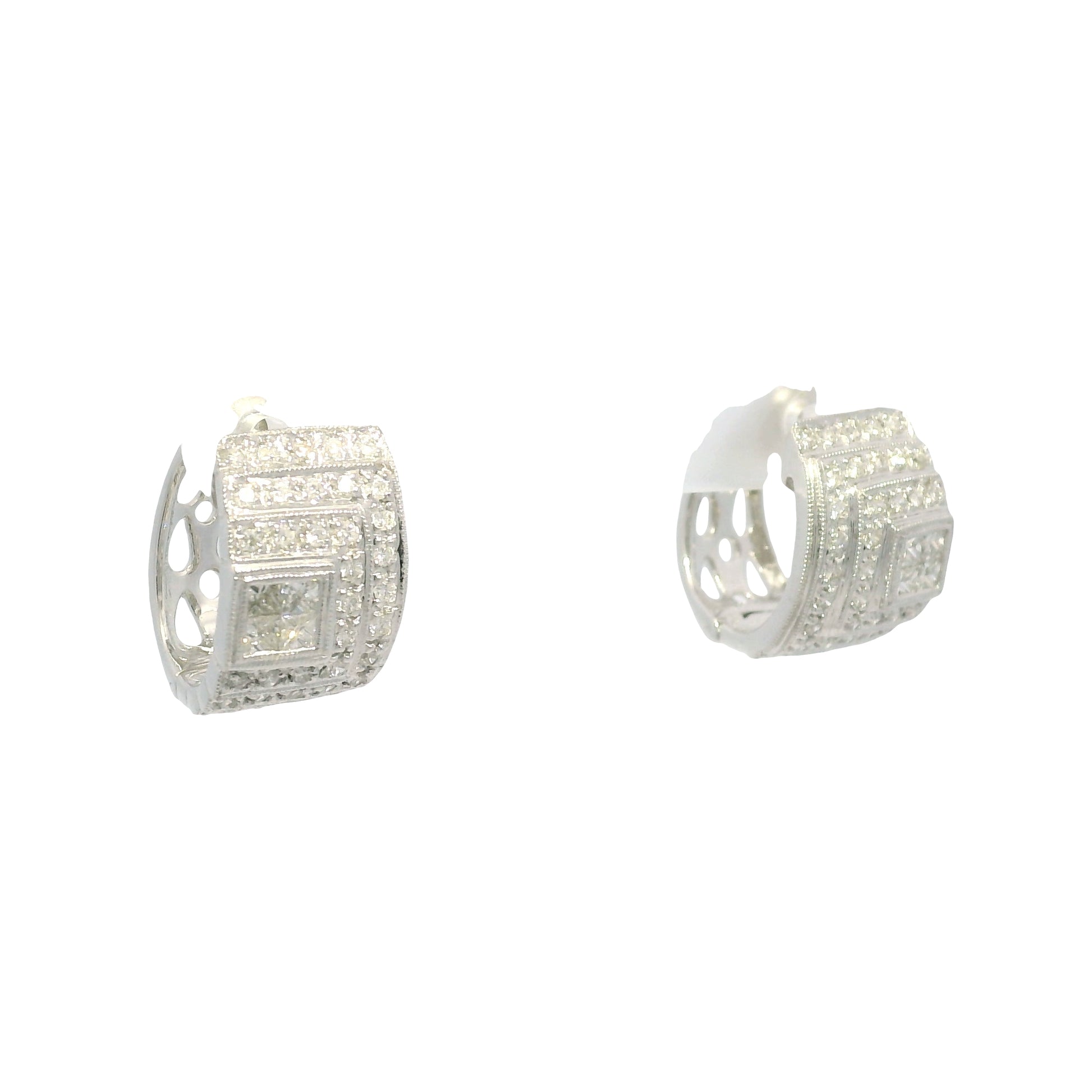 14k White Gold Natural Round Brilliant & Princess Cut Diamond Huggie Earrings