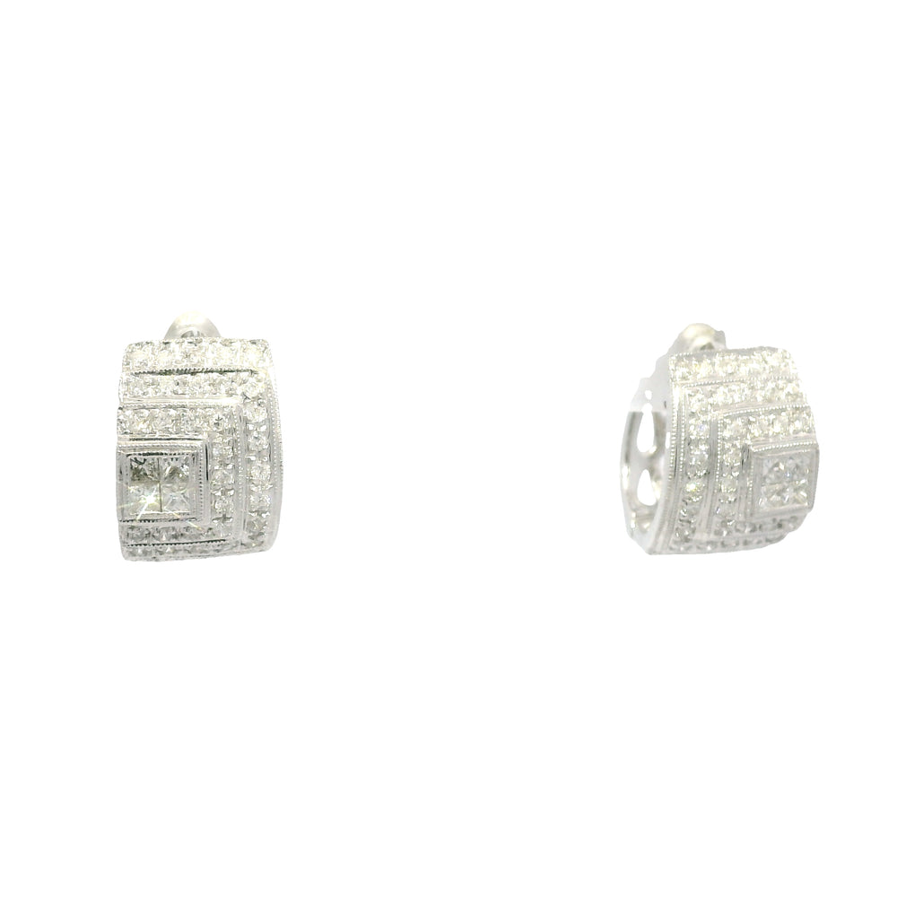 14k White Gold Natural Round Brilliant & Princess Cut Diamond Huggie Earrings