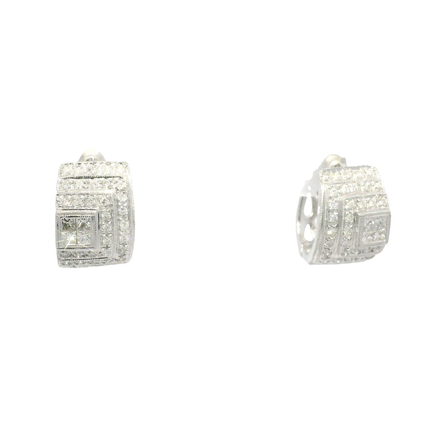 14k White Gold Natural Round Brilliant & Princess Cut Diamond Huggie Earrings