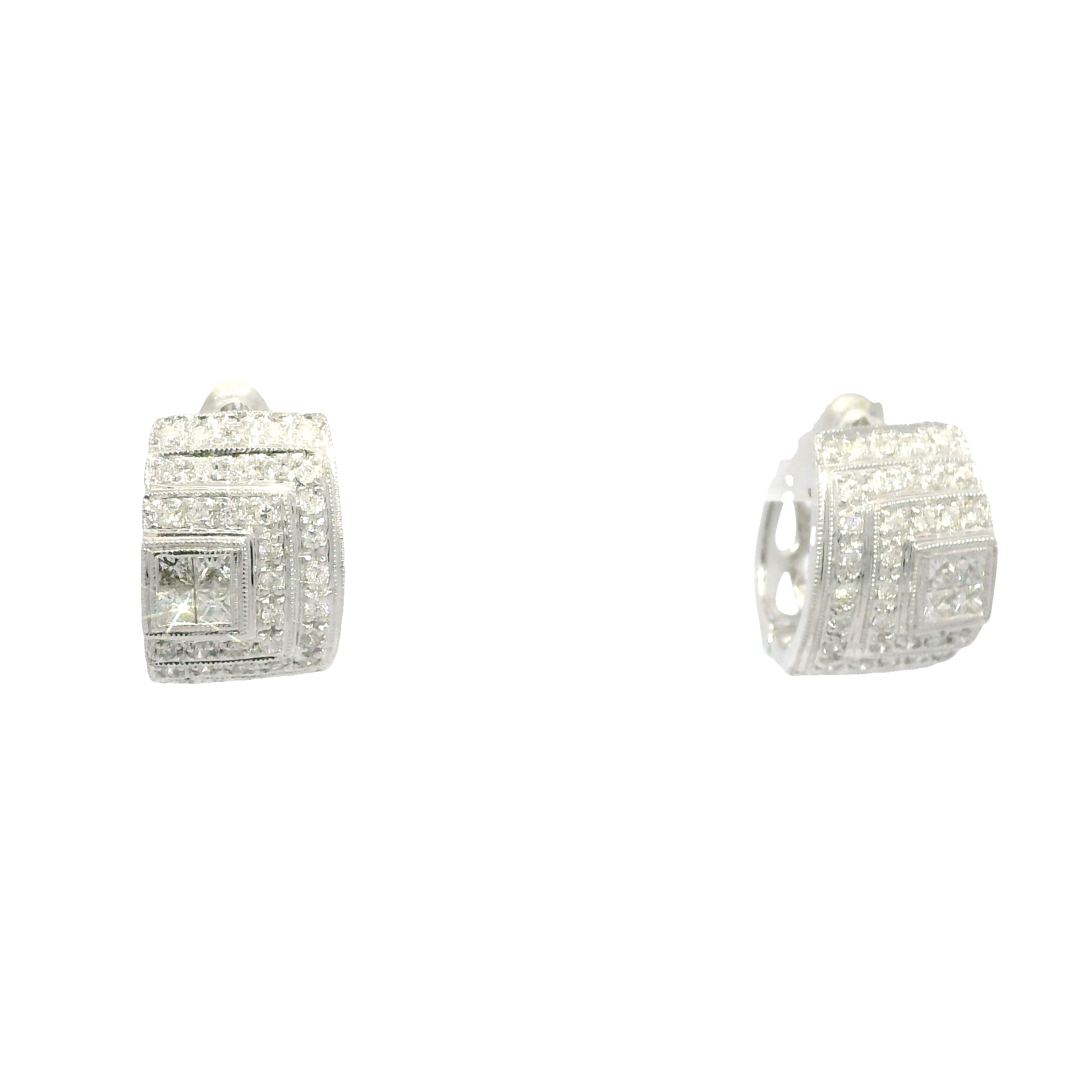 14k White Gold Natural Round Brilliant & Princess Cut Diamond Huggie Earrings