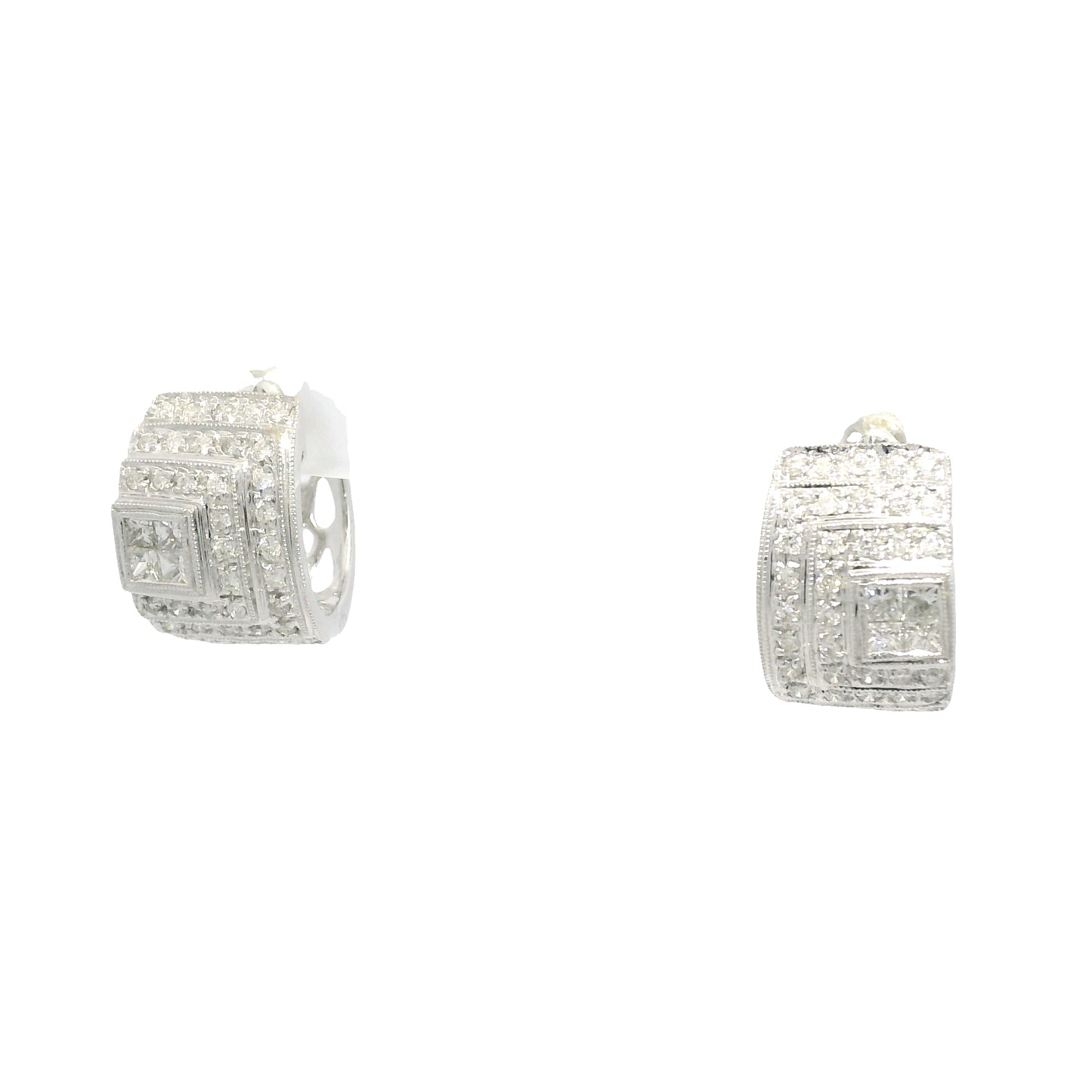 14k White Gold Natural Round Brilliant & Princess Cut Diamond Huggie Earrings