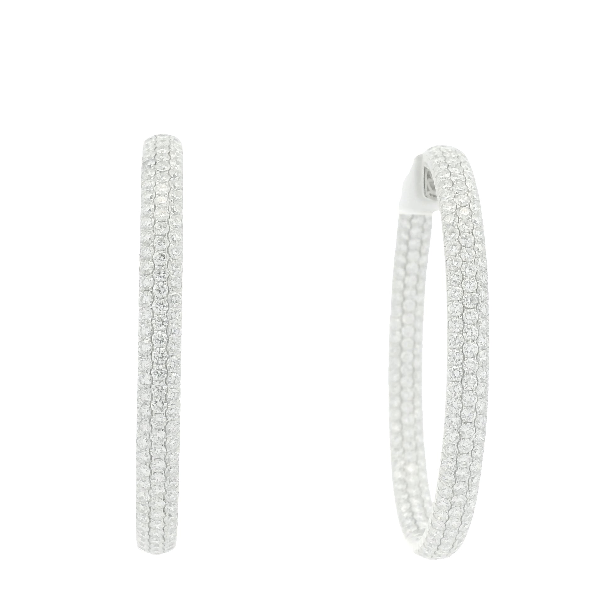 18K White Gold 3-Row Natural Round Pave Cut Diamond Hoops