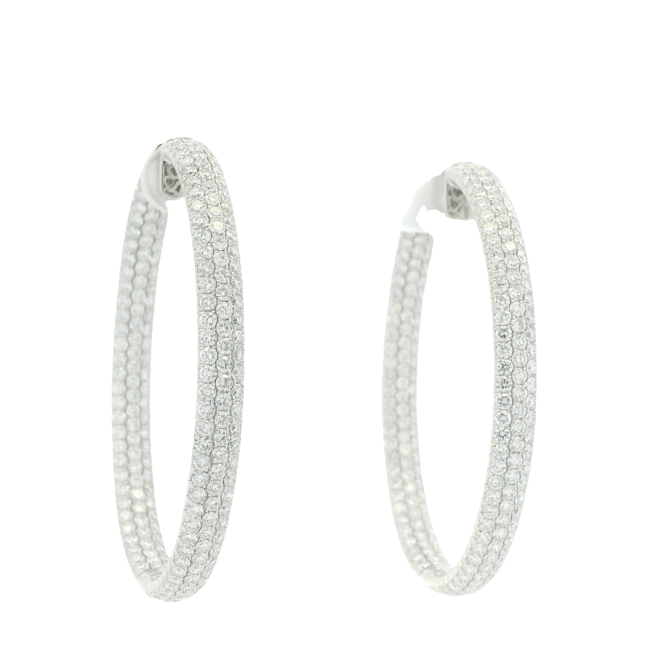 18K White Gold 3-Row Natural Round Pave Cut Diamond Hoops