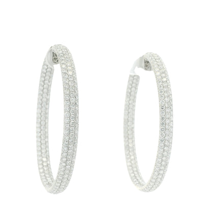 18K White Gold 3-Row Natural Round Pave Cut Diamond Hoops