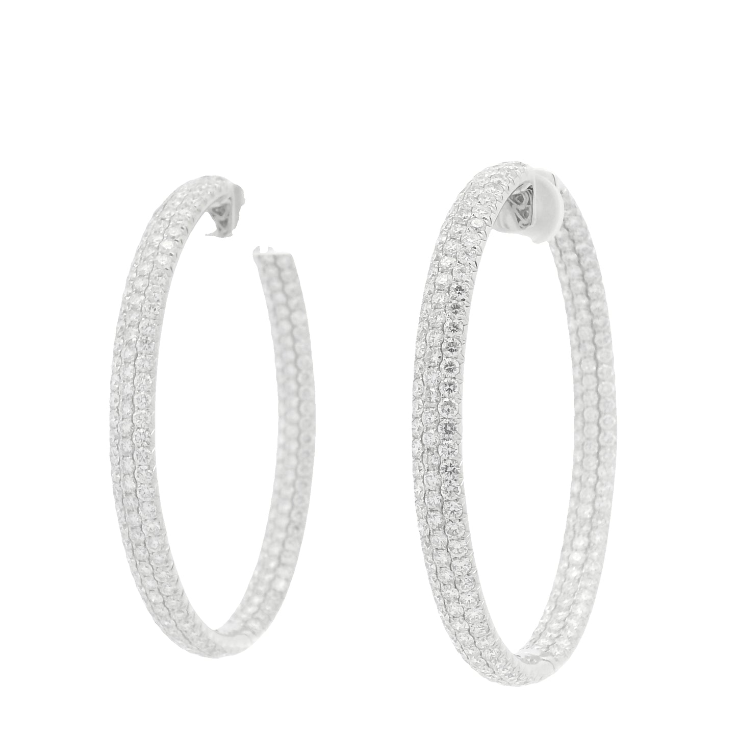 18K White Gold 3-Row Natural Round Pave Cut Diamond Hoops