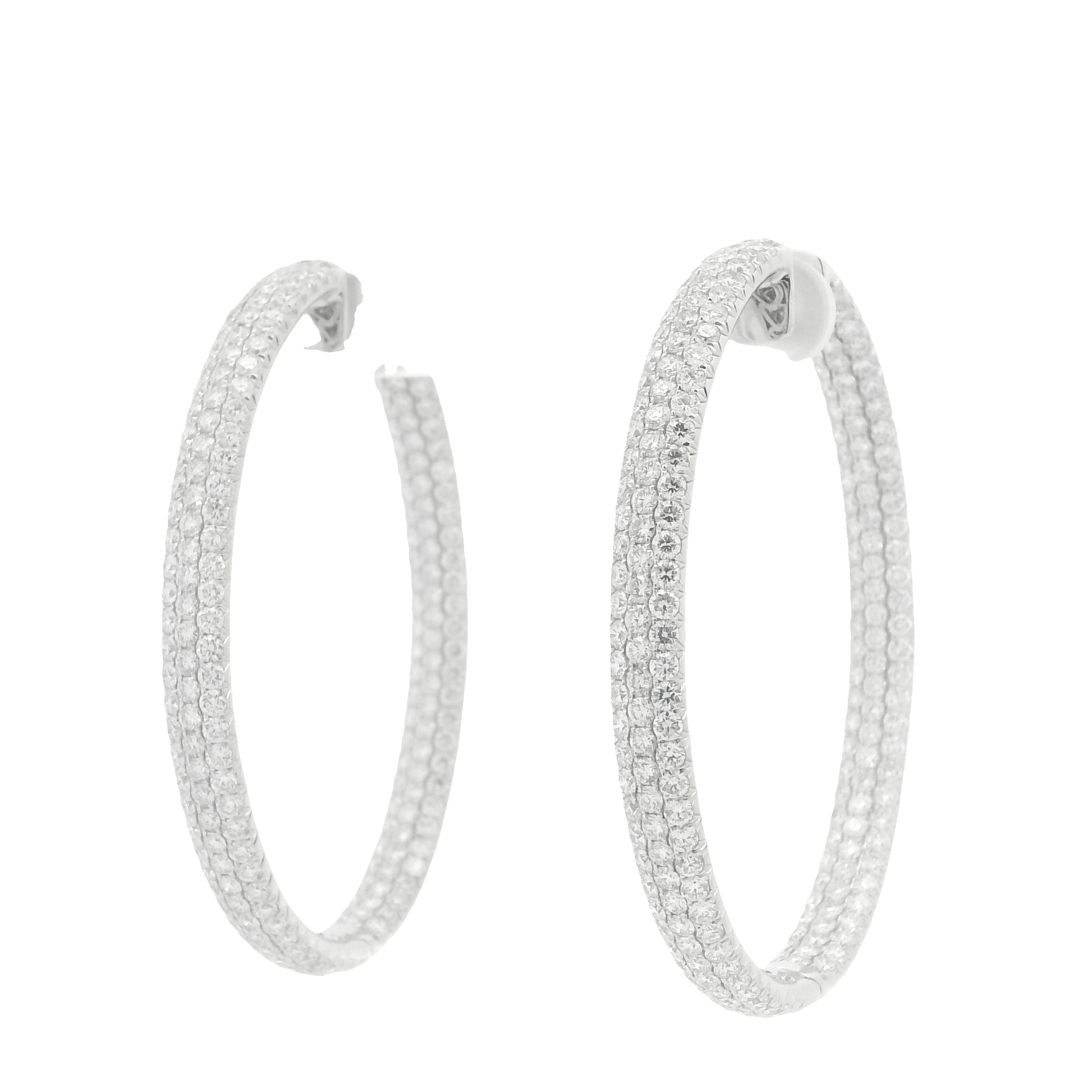 18K White Gold 3-Row Natural Round Pave Cut Diamond Hoops