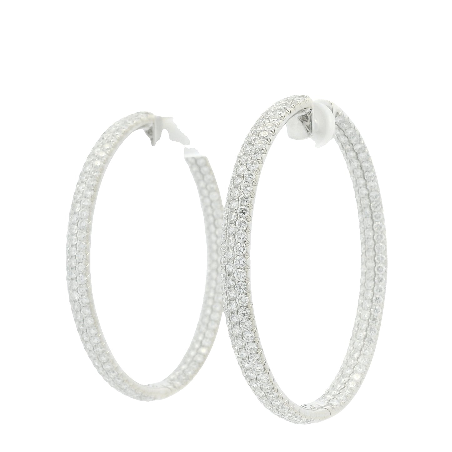 18K White Gold 3-Row Natural Round Pave Cut Diamond Hoops