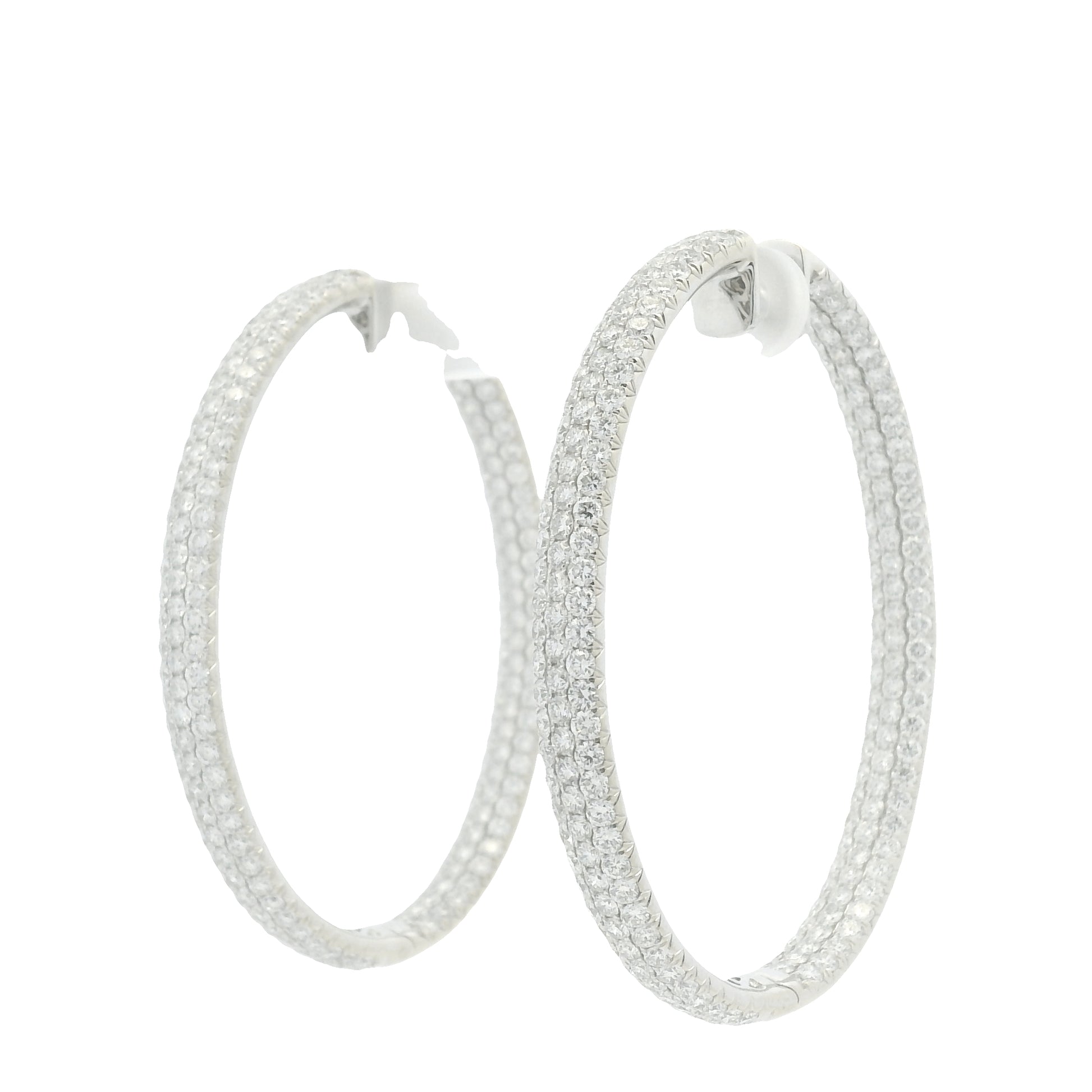 18K White Gold 3-Row Natural Round Pave Cut Diamond Hoops