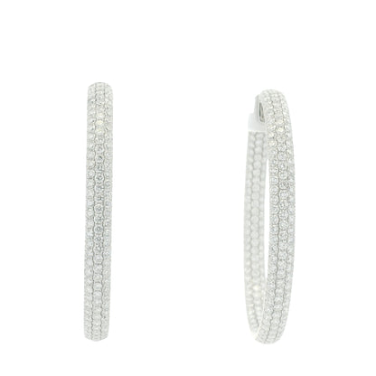 18K White Gold 3-Row Natural Round Pave Cut Diamond Hoops