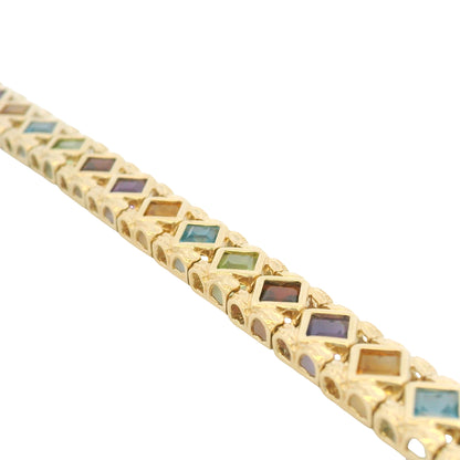 14k Yellow Gold Multi-Color Gemstone Bezel Set Square Bracelet