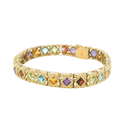 14k Yellow Gold Multi-Color Gemstone Bezel Set Square Bracelet