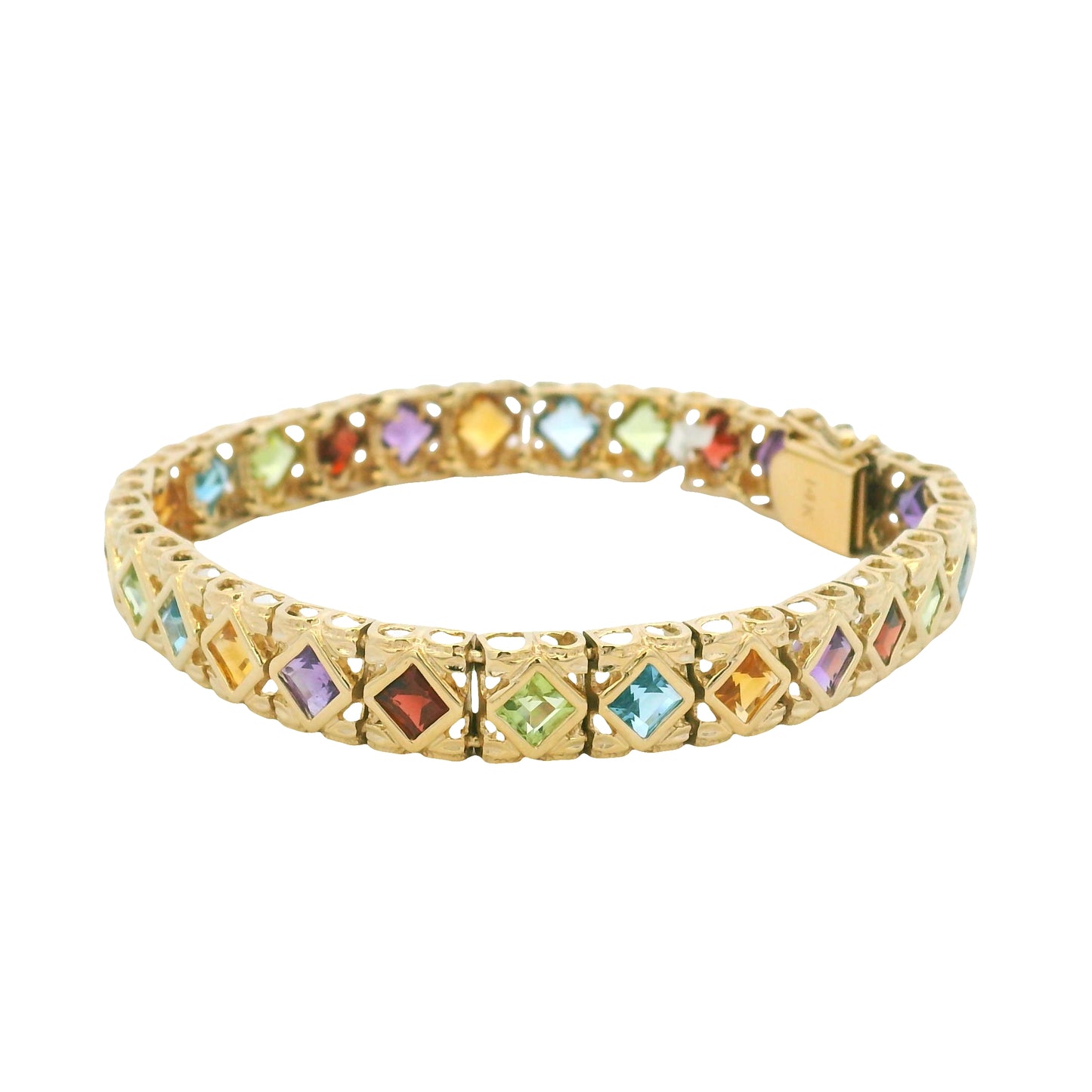 14k Yellow Gold Multi-Color Gemstone Bezel Set Square Bracelet