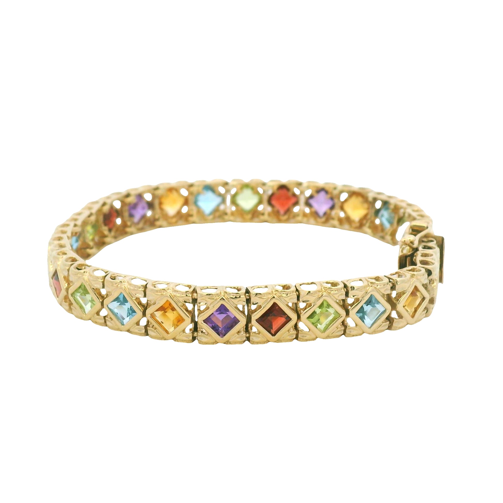 14k Yellow Gold Multi-Color Gemstone Bezel Set Square Bracelet