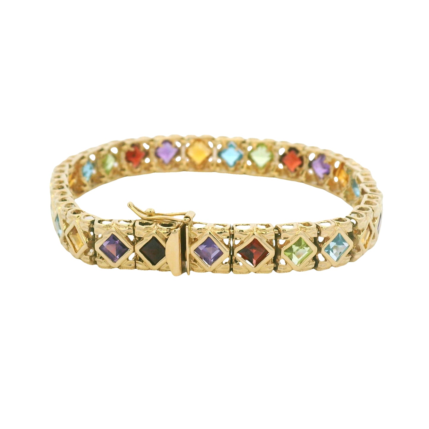 14k Yellow Gold Multi-Color Gemstone Bezel Set Square Bracelet