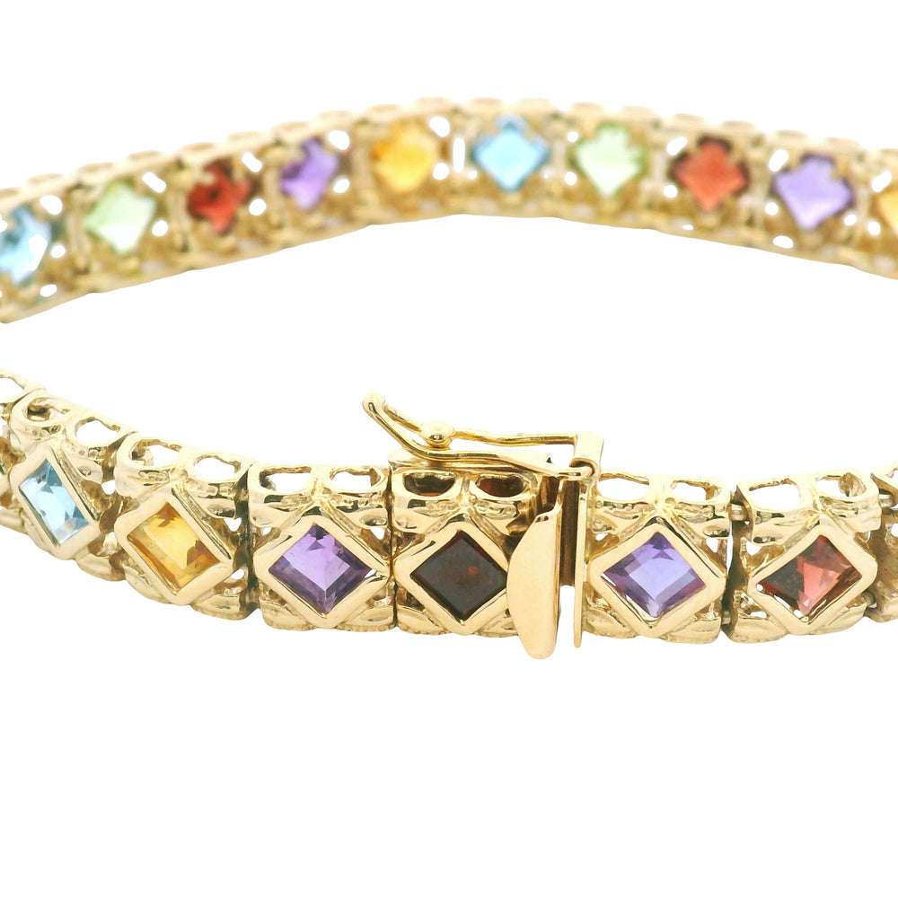 14k Yellow Gold Multi-Color Gemstone Bezel Set Square Bracelet