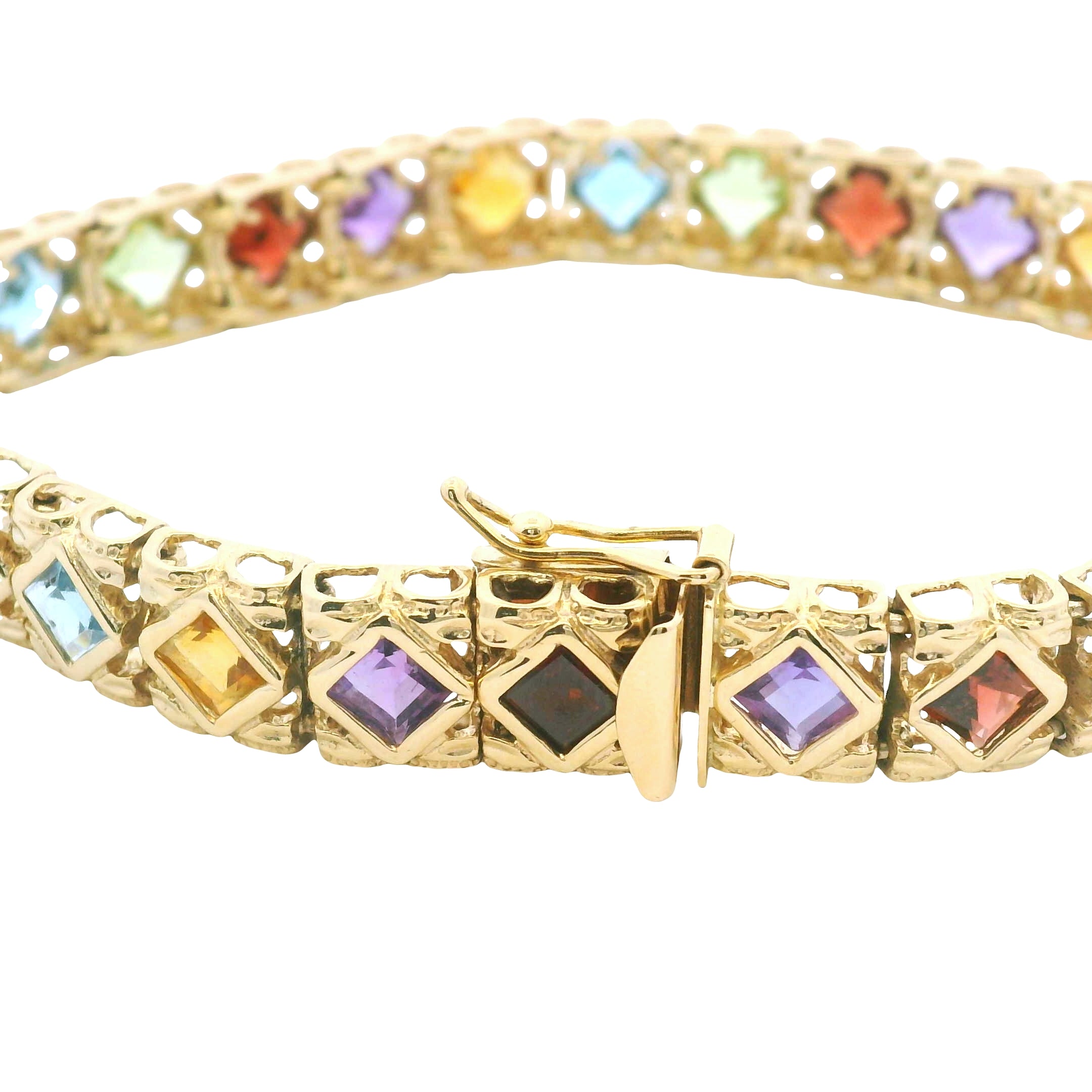 14k Yellow Gold Multi-Color Gemstone Bezel Set Square Bracelet