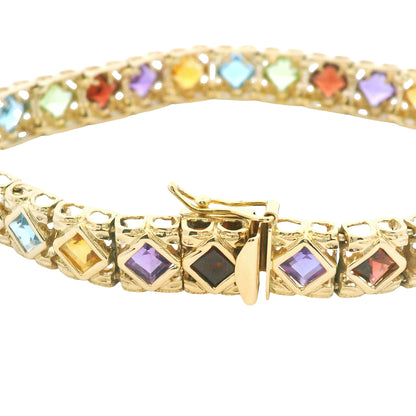 14k Yellow Gold Multi-Color Gemstone Bezel Set Square Bracelet