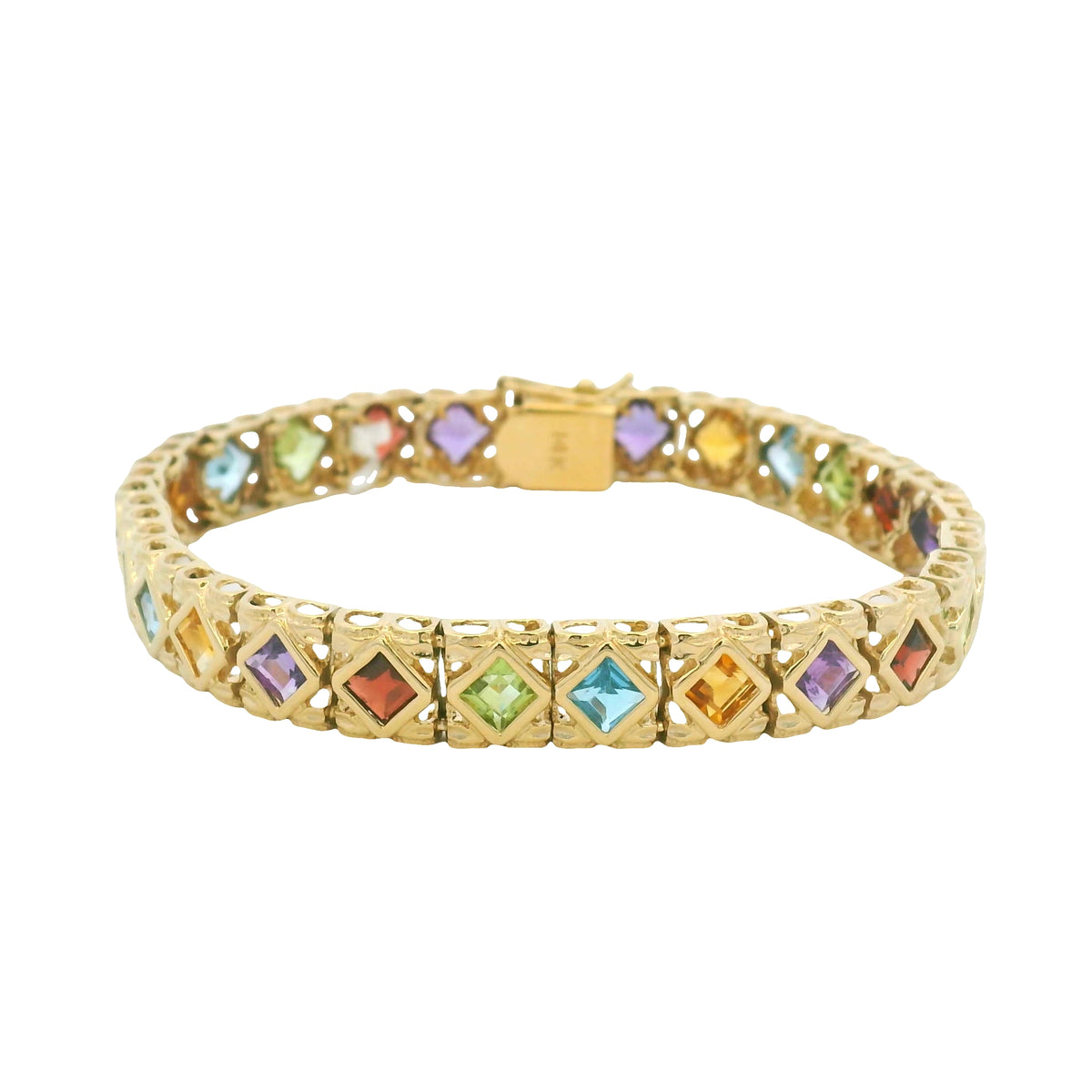 14k Yellow Gold Multi-Color Gemstone Bezel Set Square Bracelet
