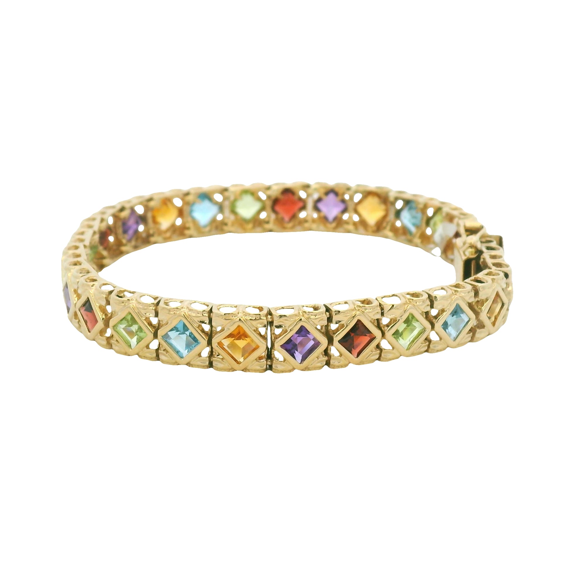 14k Yellow Gold Multi-Color Gemstone Bezel Set Square Bracelet