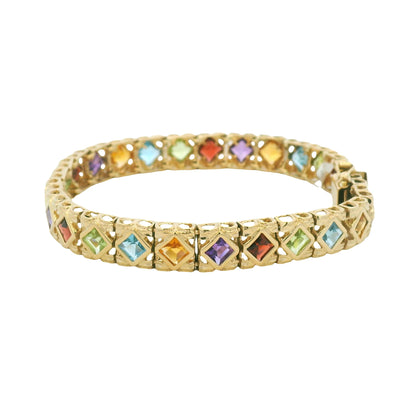 14k Yellow Gold Multi-Color Gemstone Bezel Set Square Bracelet