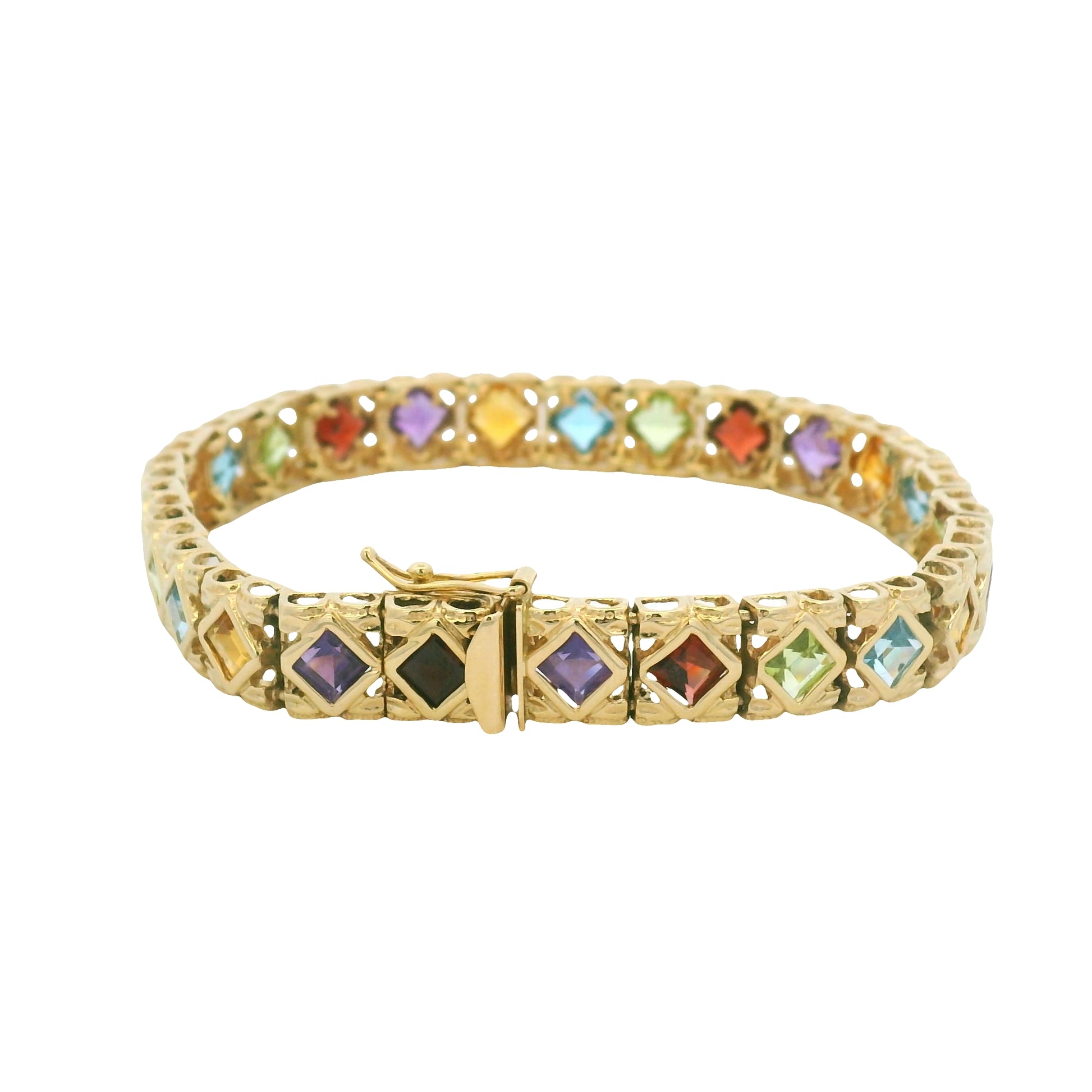 14k Yellow Gold Multi-Color Gemstone Bezel Set Square Bracelet