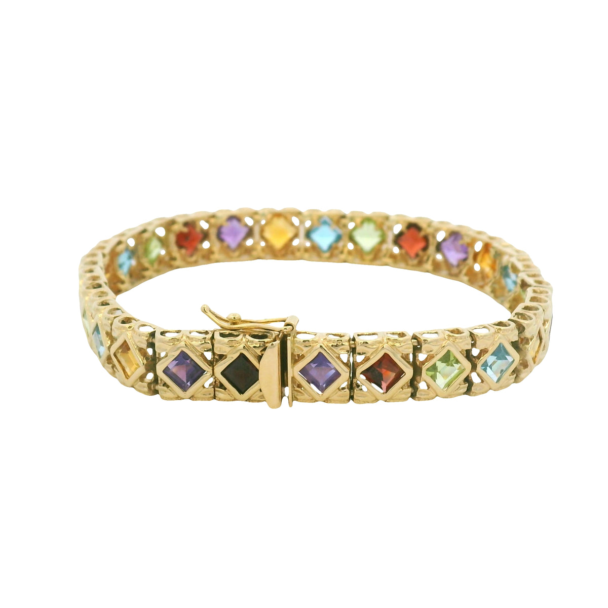 14k Yellow Gold Multi-Color Gemstone Bezel Set Square Bracelet