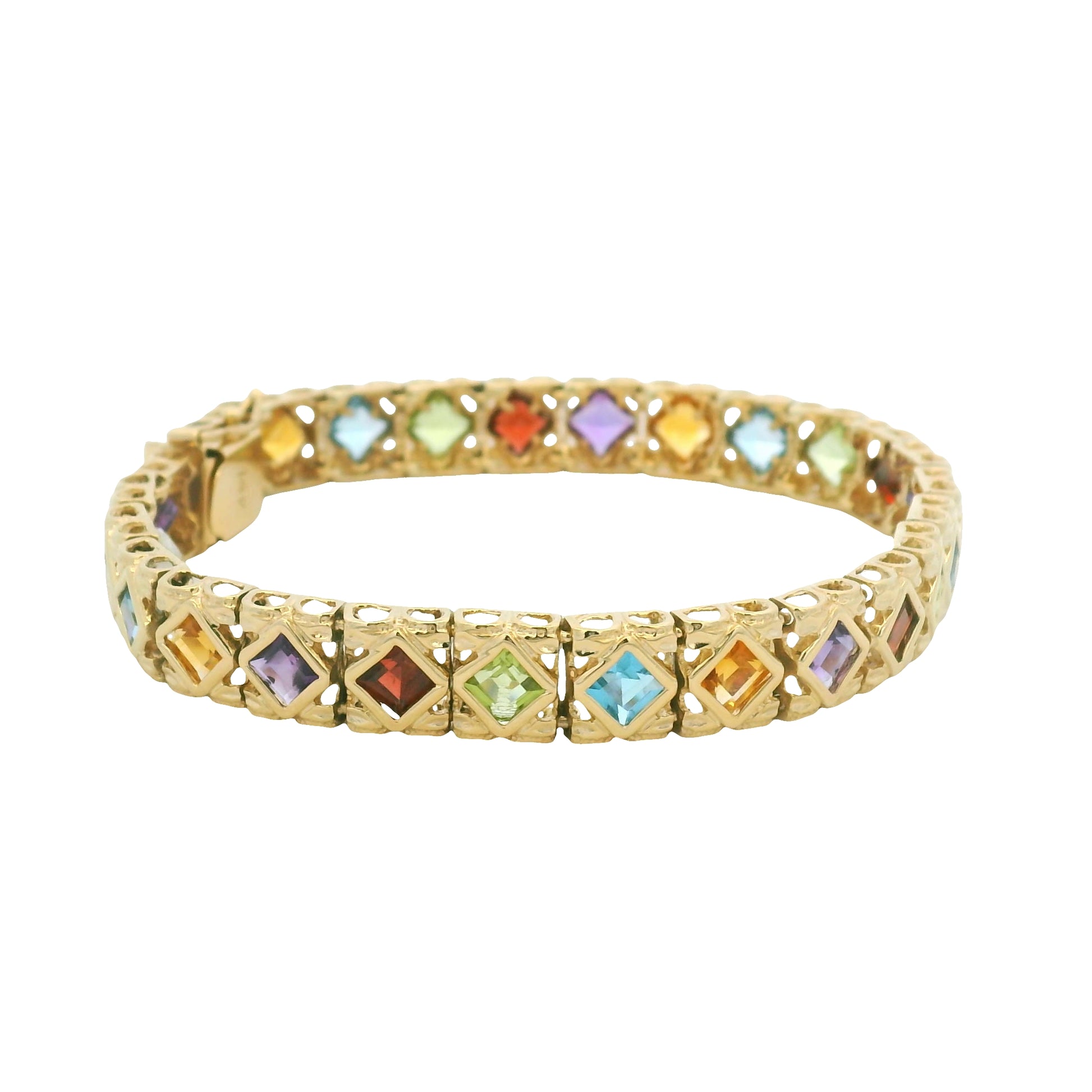 14k Yellow Gold Multi-Color Gemstone Bezel Set Square Bracelet