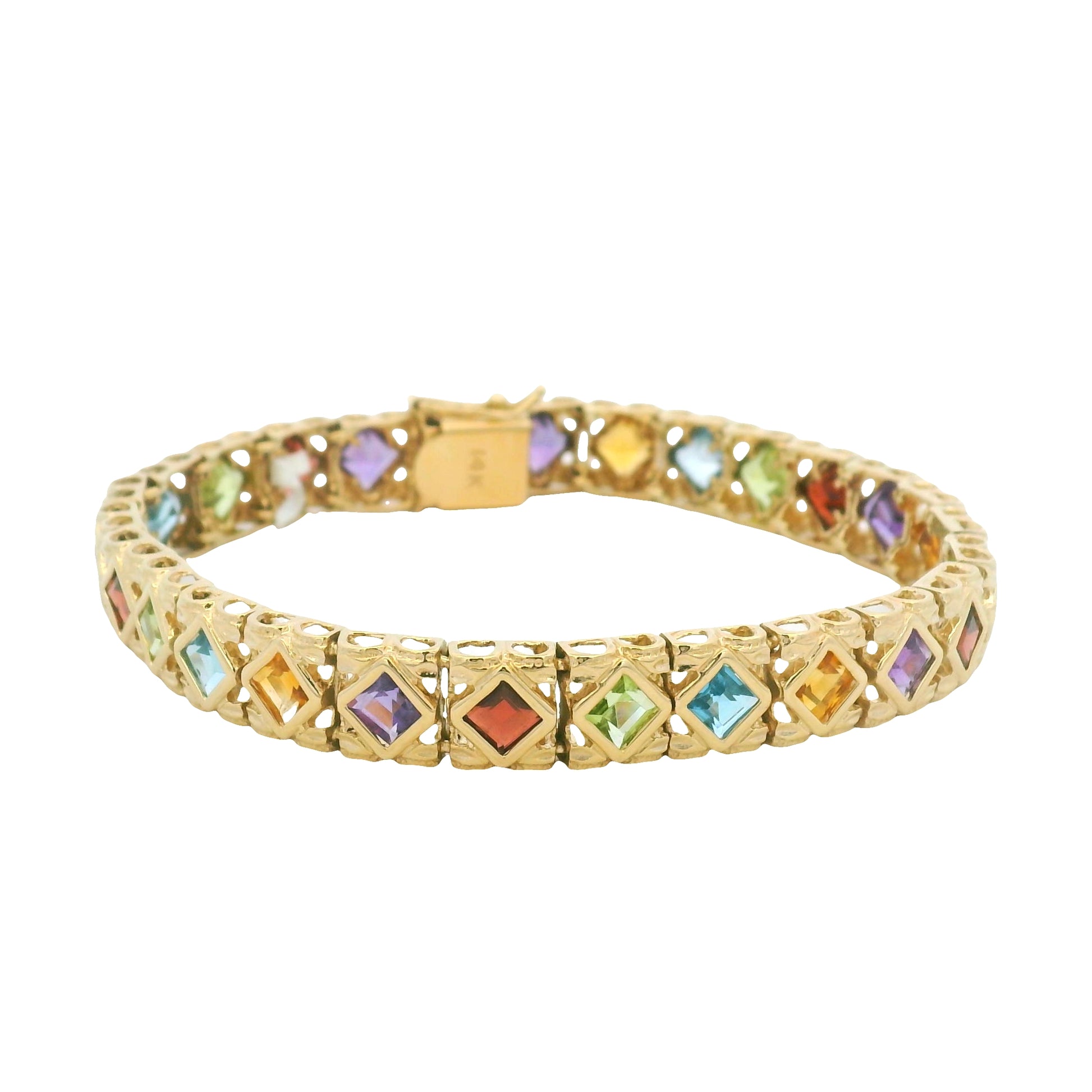 14k Yellow Gold Multi-Color Gemstone Bezel Set Square Bracelet