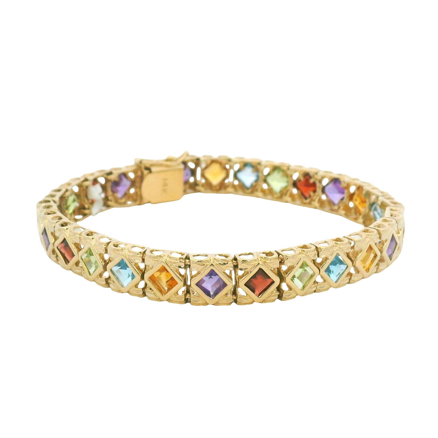 14k Yellow Gold Multi-Color Gemstone Bezel Set Square Bracelet