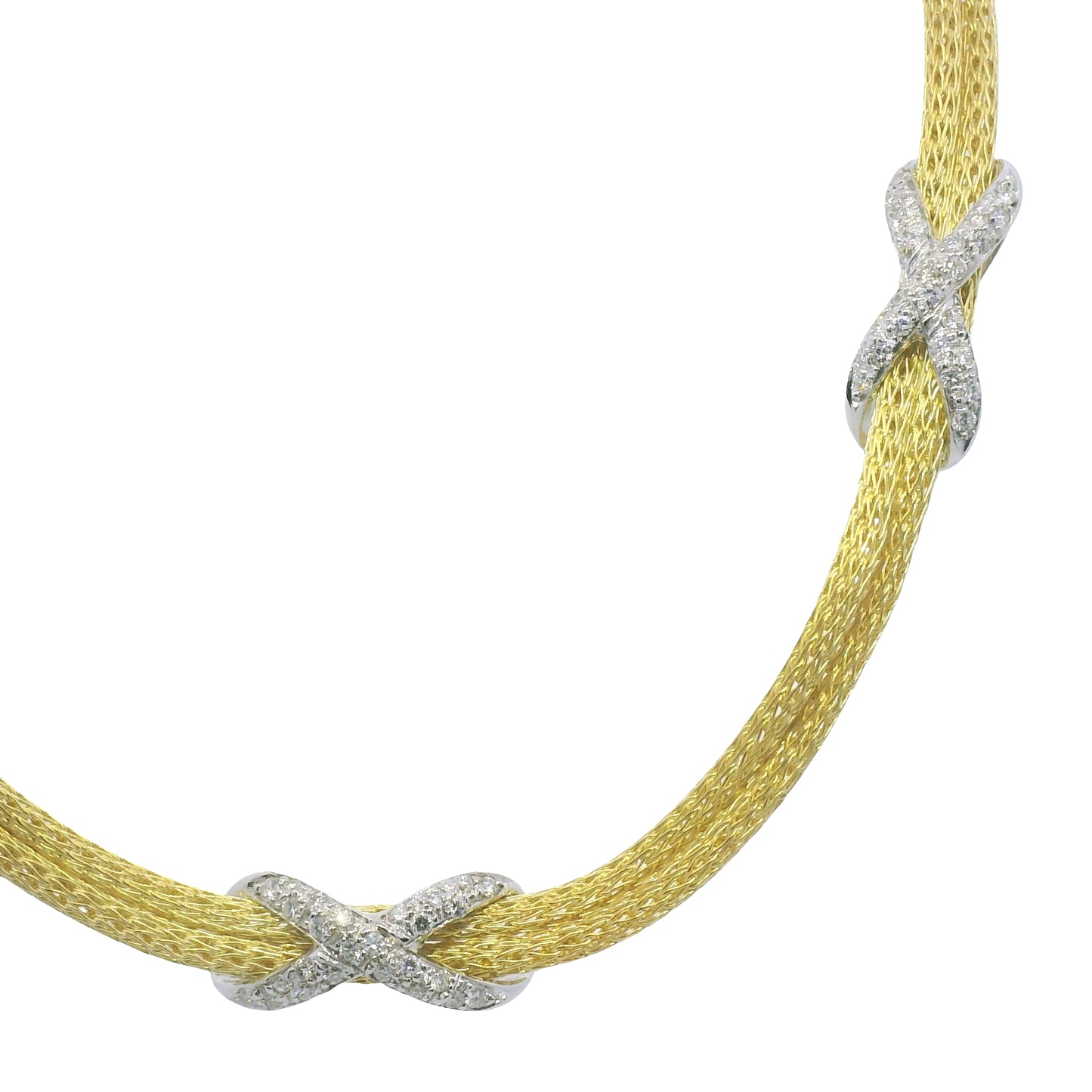 18k Two Tone Gold Natural Pave Diamond "X" Double Strand Necklace