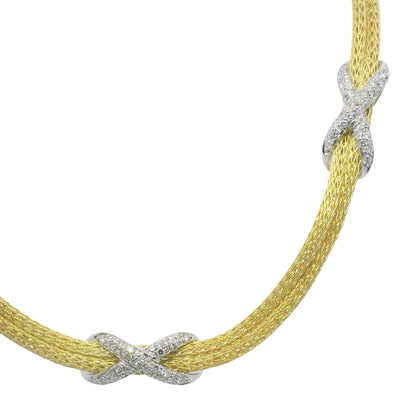 18k Two Tone Gold Natural Pave Diamond "X" Double Strand Necklace