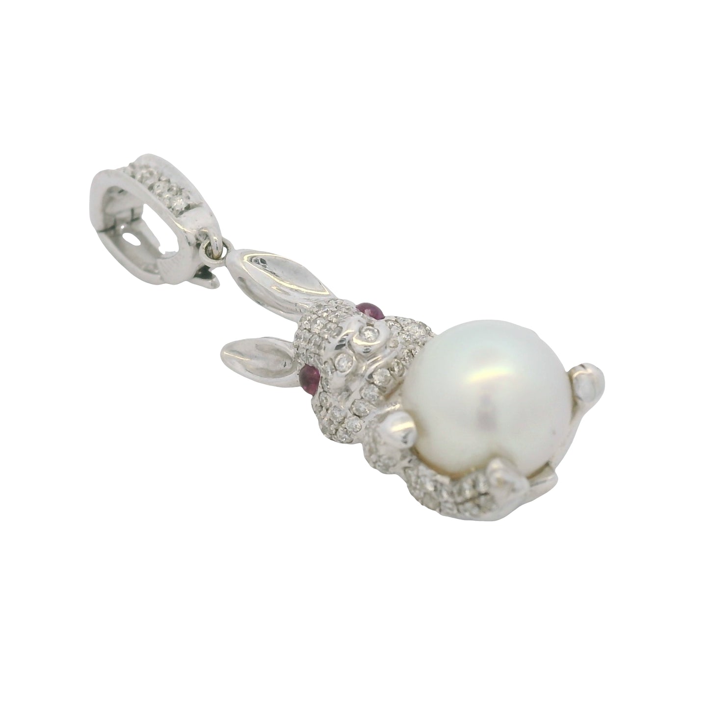 14k White Gold Natural Diamond Pave, Pearl &amp; Ruby Eye Rabbit Pendant
